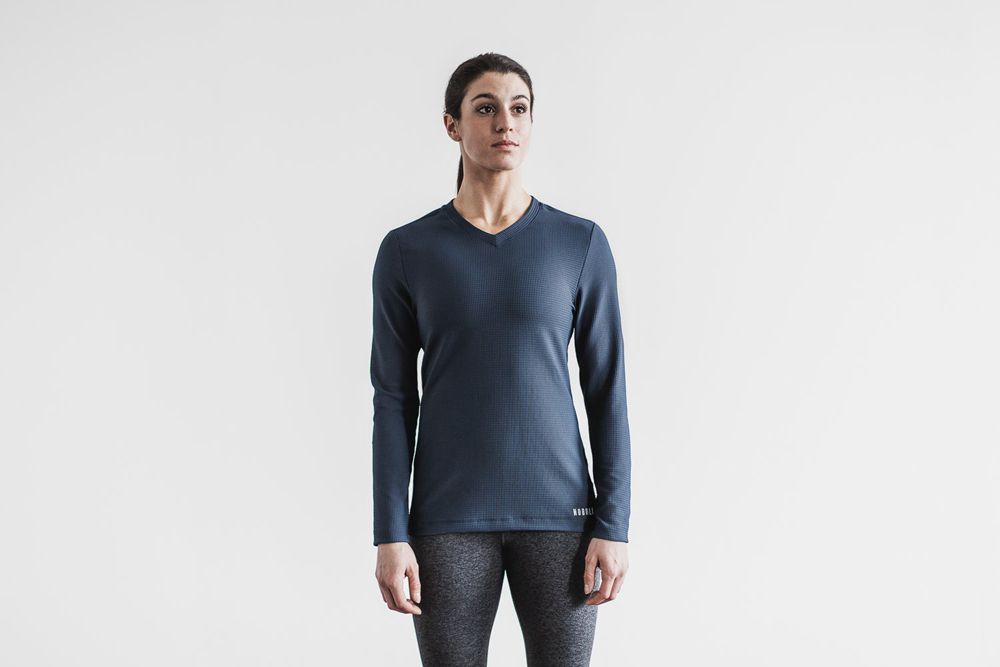 NOBULL Women's V-Neck Waffle Long Sleeve - Navy - Ireland (8457AESVK)